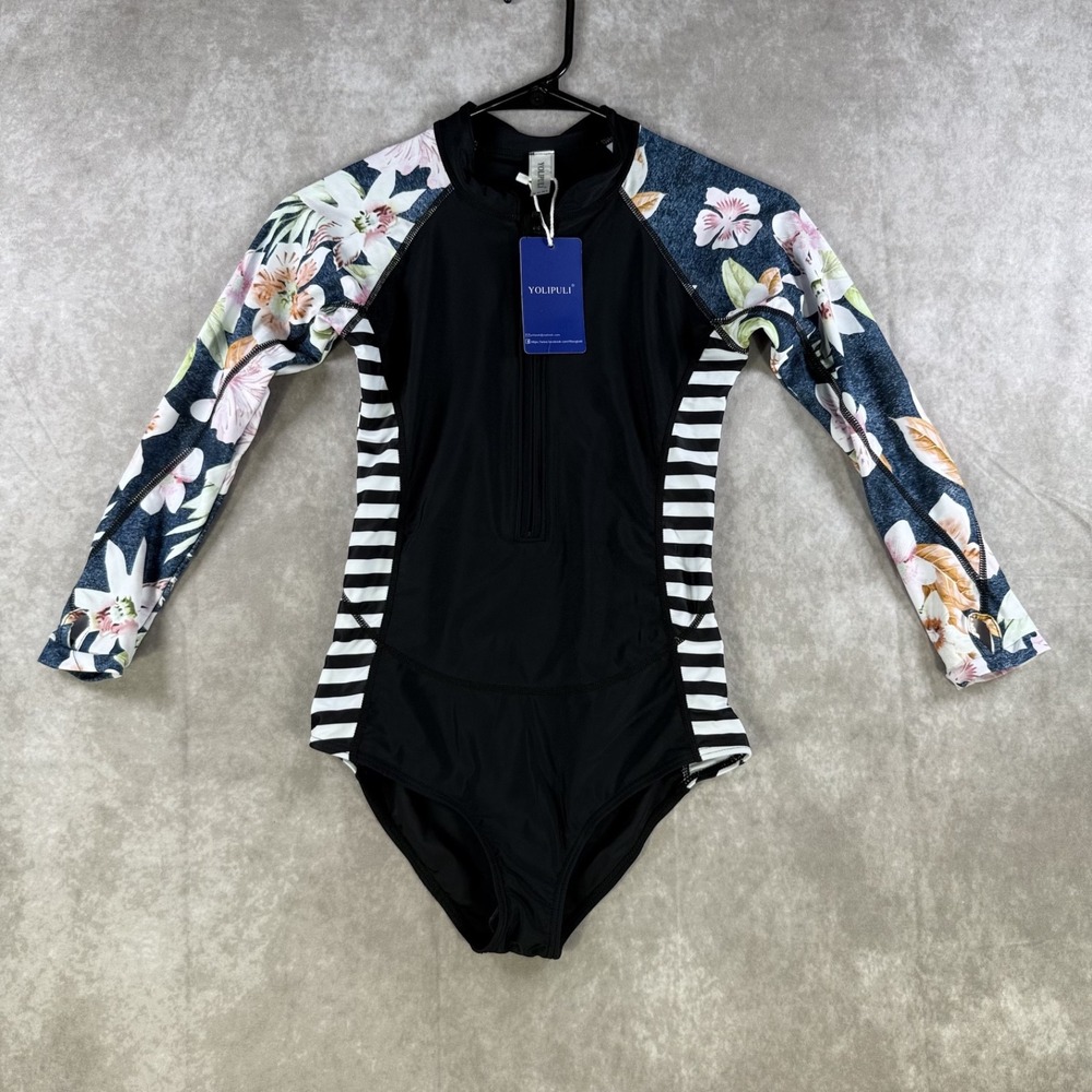 One‎ Piece Swimsuit Girls XXXL 11-12 Rash Guard UPF Long Sleeve Floral Zip
